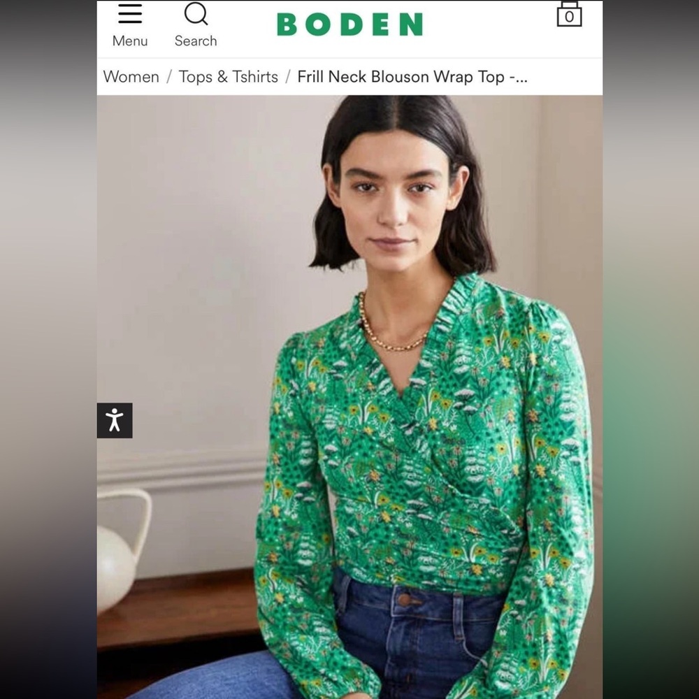 Boden Frill Neck Blouson Wrap Top Rich Emerald Wildflower Bloom Sz US 8 (UK 12)